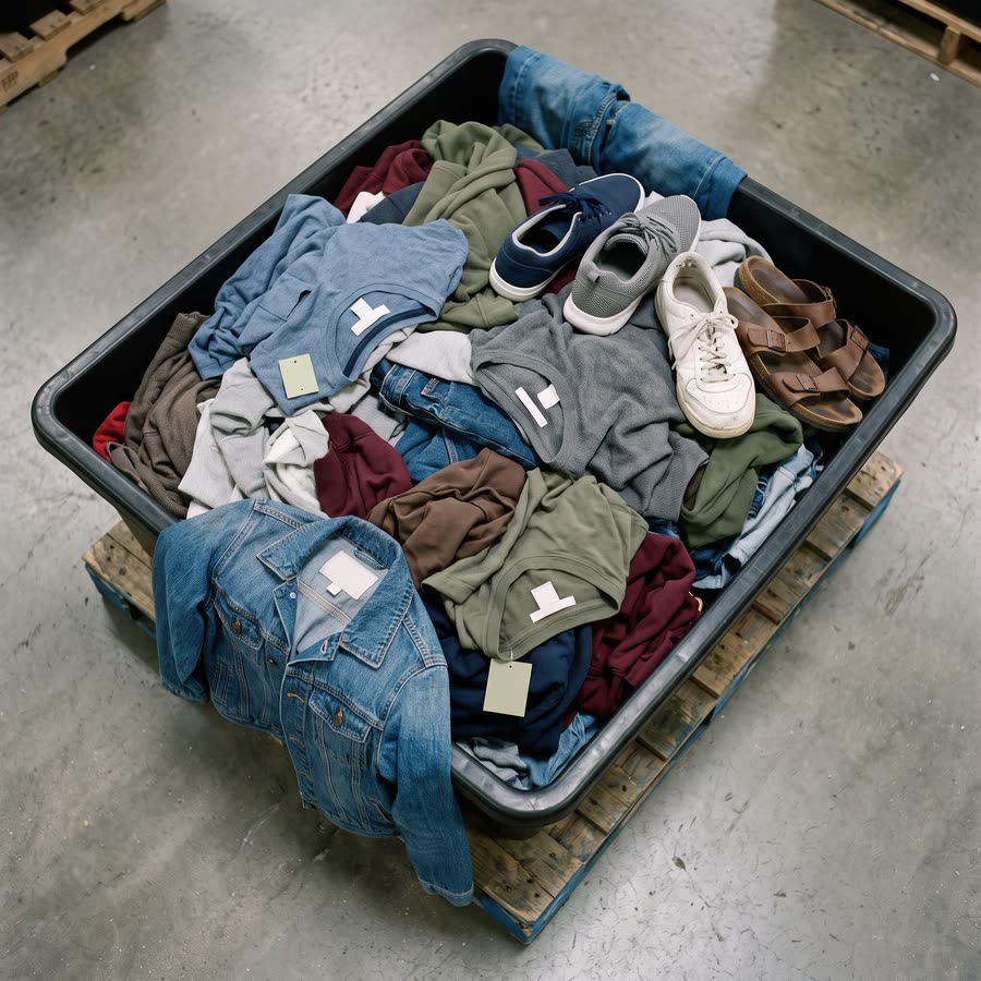 Clothing and shoes in a bin