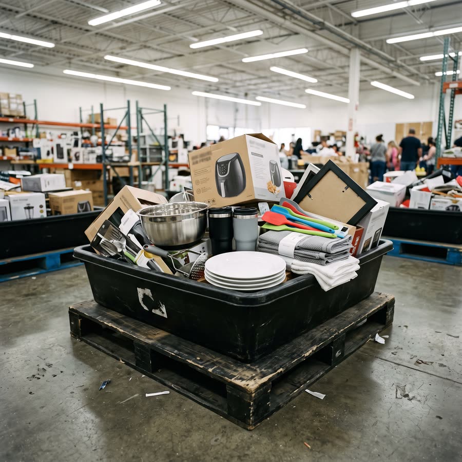 Kitchen and home goods in a bin