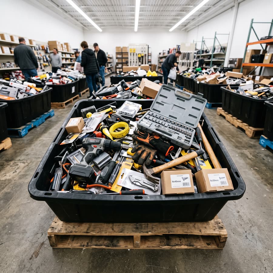 Tools and hardware in a bin