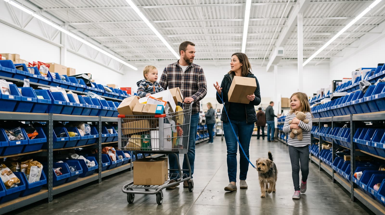 A family pushing a loaded cart down the aisle between bins