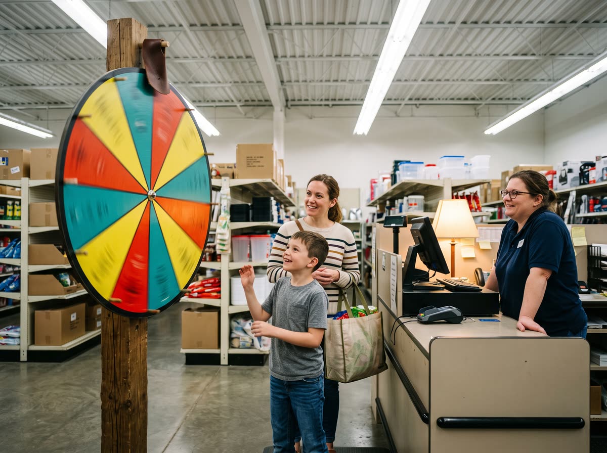 A boy spinning the prize wheel by the checkout counter
